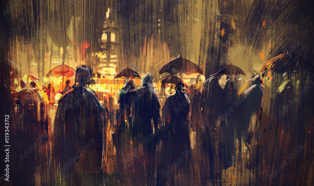Fototapeta premium crowd of people with umbrellas at night,illustration painting