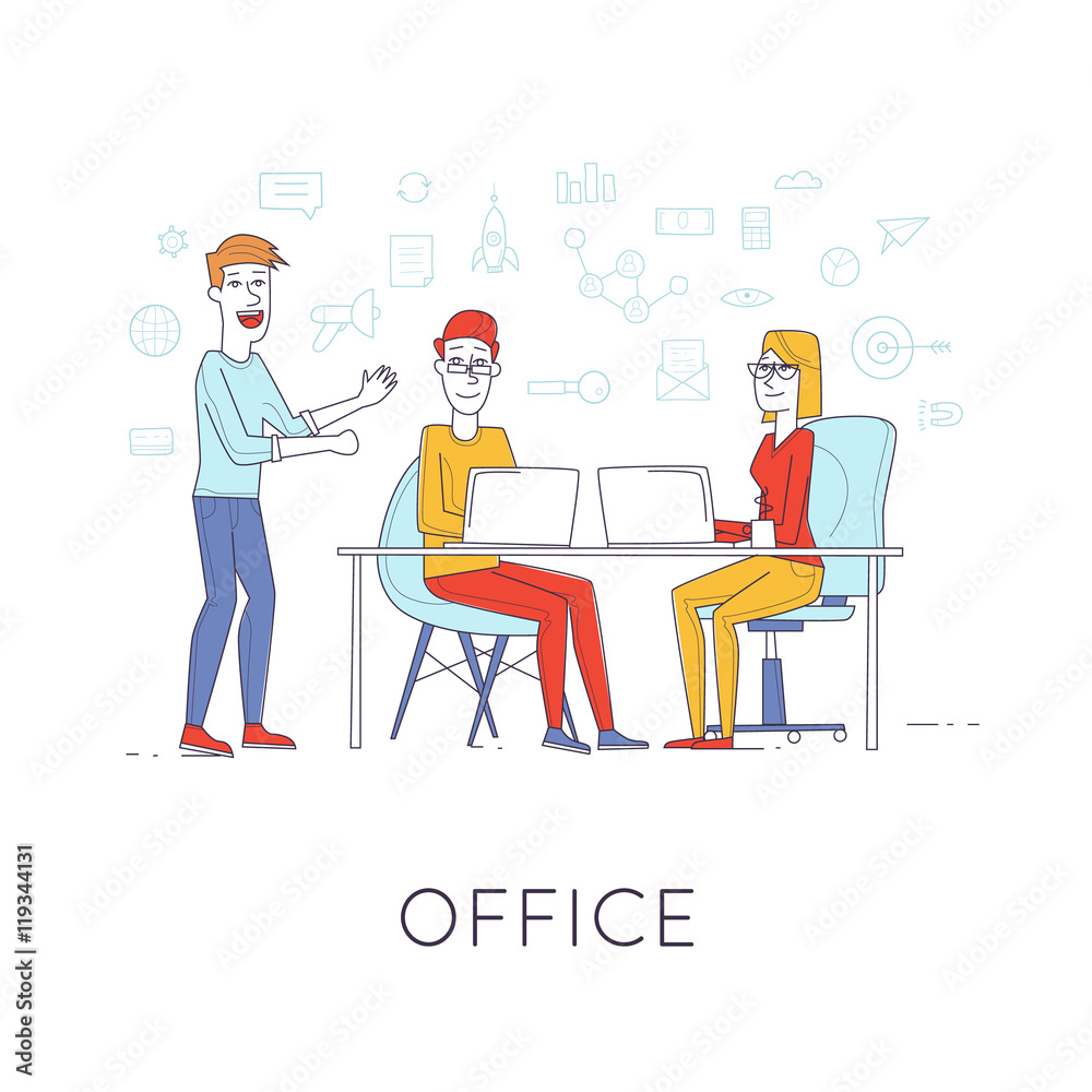 Business characters thin line. Co working people, meeting, teamwork, collaboration and discussion, presentation of the project, brainstorm. Workplace. Office life. Flat design vector illustration. Business characters thin line. Co working people, meeting, teamwork, collaboration and discussion, presentation of the project, brainstorm. Workplace. Office life. Flat design vector illustration.
