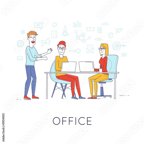 Business characters thin line. Co working people, meeting, teamwork, collaboration and discussion, presentation of the project, brainstorm. Workplace. Office life. Flat design vector illustration. © sidop
