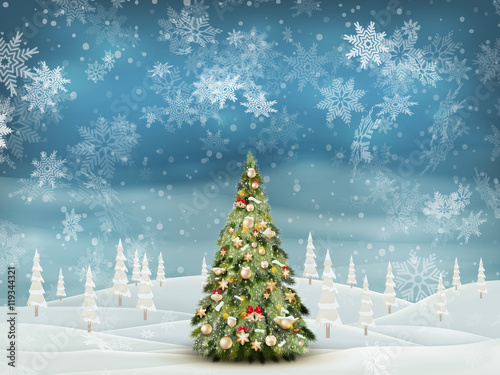 Christmas fir tree on winter landscape. EPS 10