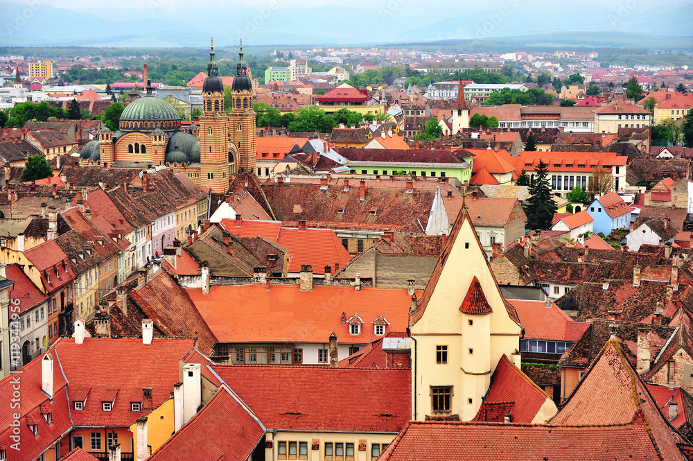 Sibiu city centre, roofs and cathedral, Romania