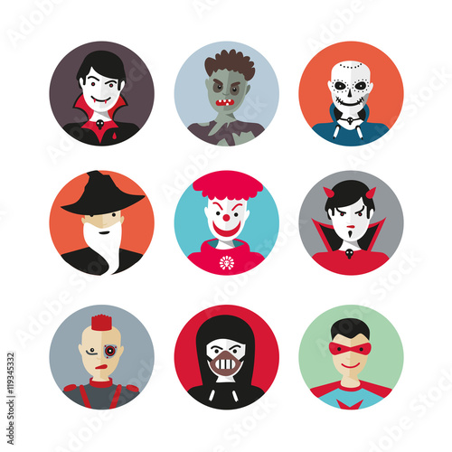 Scary heroes for Halloween. Flat cartoon icons set.