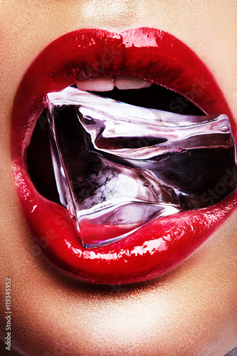 red lips mouth with ice beauty photo