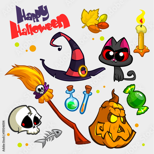 Vector set of Halloween pumpkin and attributes icons. Witch cat, pumpkin head, skull, witch hat, poison bottle, broomstick, big candy, candle and fish skeleton. 