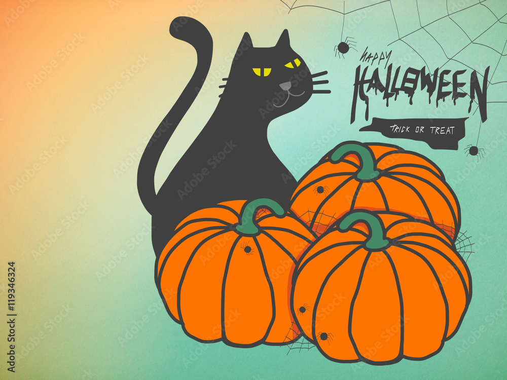 Black cat and pumpkins happy Halloween illustration
