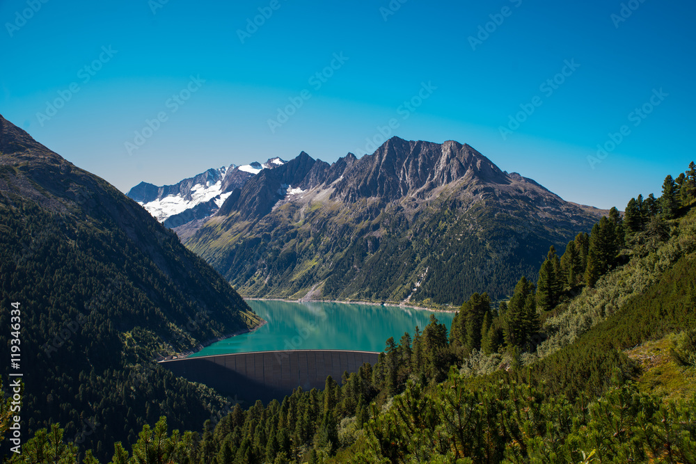 Lake Schlegeis dam Zillertal, Austria / Beautiful water reservoir for hydropower in the Tyrolean Alps
