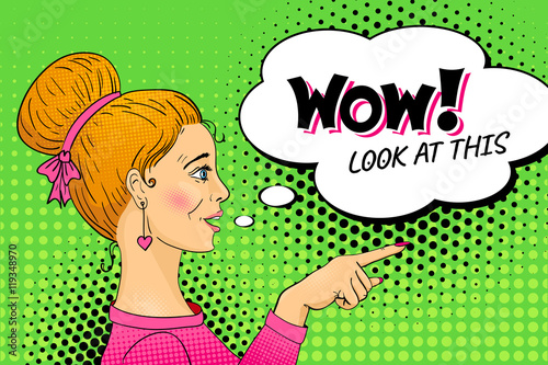 Wow girl. Attractive surprised pink woman with open mouth and speech bubble pointing a finger. Vector background in retro comic pop art style.