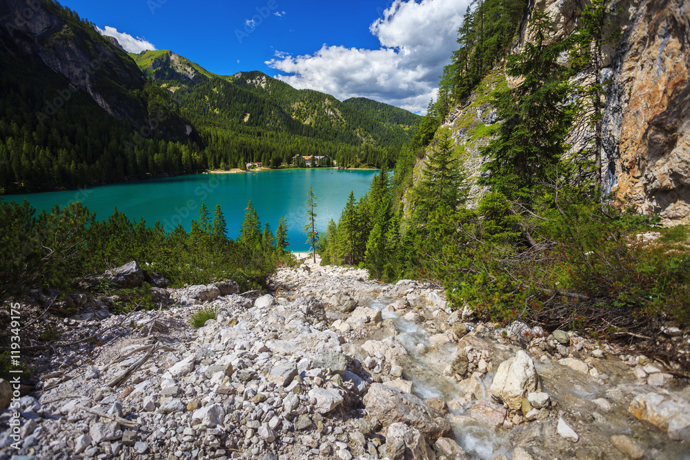 Fototapeta premium Amazing view of Braies Lake (Lago Di Braies, Pragser Wildsee) in Northern Italy.