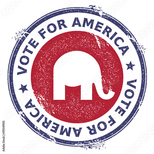 Grunge republican elephants rubber stamp. USA presidential election patriotic seal with republican elephants silhouette and Vote For America text. Rubber stamp vector illustration.