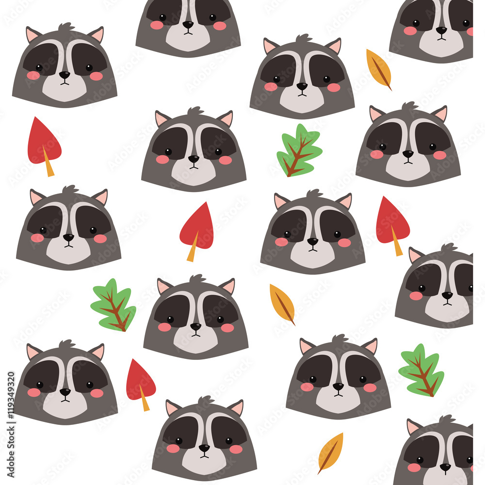 flat design cute raccoon cartoon pattern background vector illustration
