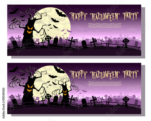 Halloween background. Scary monsters trees on old cemetery backdrop moon, bats and graves. Design for concept banner, poster, cards or invites on party. Cartoon style. Vector illustration