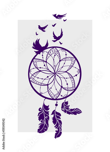 Tribal symbol of dreamcatcher with feathers and birds