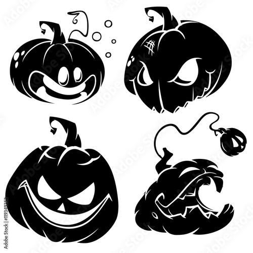 Vector set of funny Halloween pumpkins head silhouettes . Black outlines  isolated background