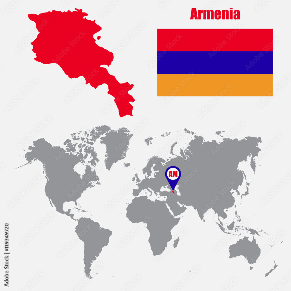 Armenia map on a world map with flag and map pointer. Vector illustration