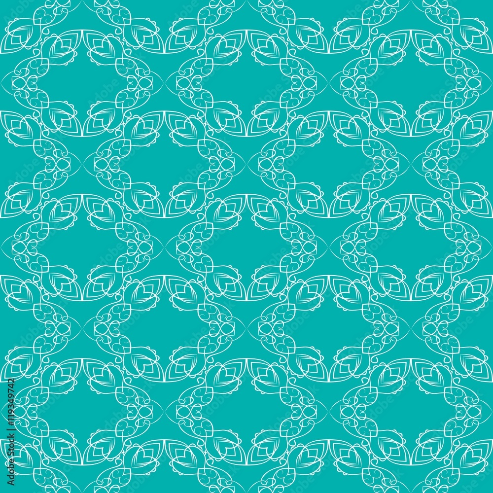 Vintage fine white brocade patterns on trendy green background, seamless background with retro victorian patterns