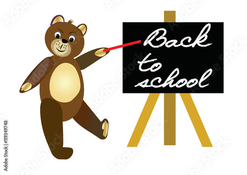 Back to school. Brown teddy bear with red pointer by blackboard. Welcome banner for beginning of the school year.