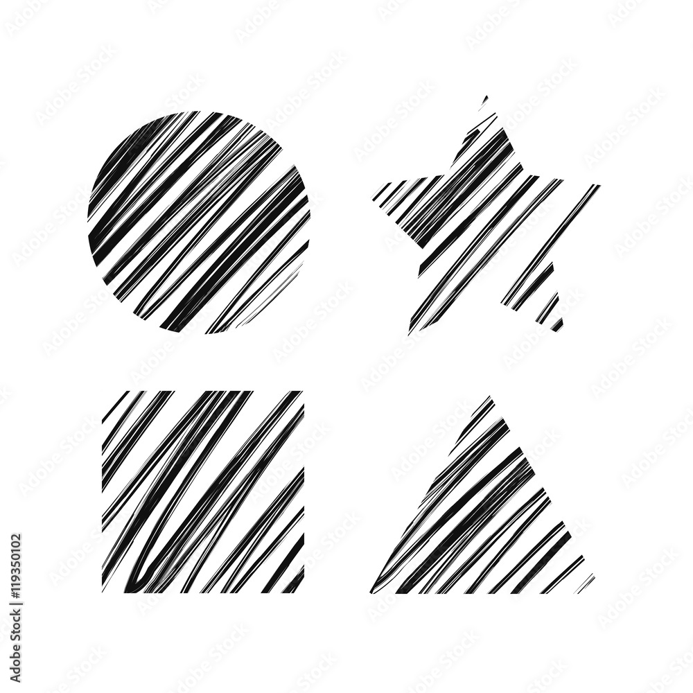 Simple geometric shapes with black messy hatching on white Simple geometric shapes with black messy hatching on white