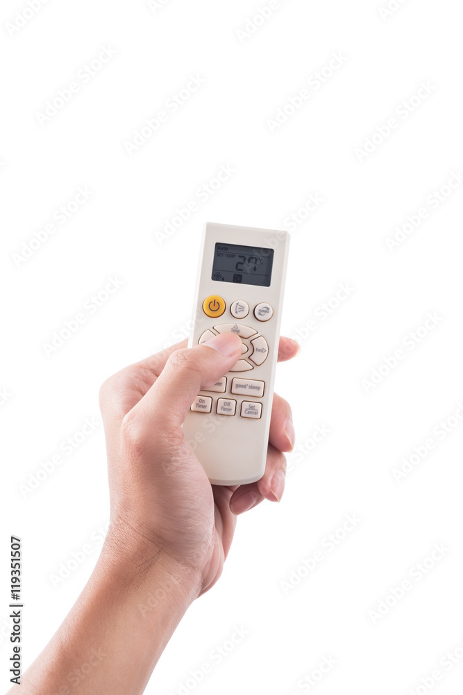 Right hand holding remote air conditioner turn up to 27 celcius Right hand holding remote air conditioner turn up to 27 celcius
