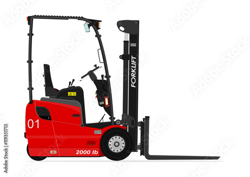 Red three wheel electric counterbalance forklift without an operator on a white background. Flat vector photo