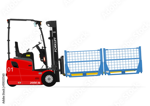 Electric counterbalance forklift with fork extensions. Vector