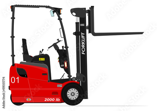 Red three wheel electric counterbalance forklift without an operator on a white background. Flat vector