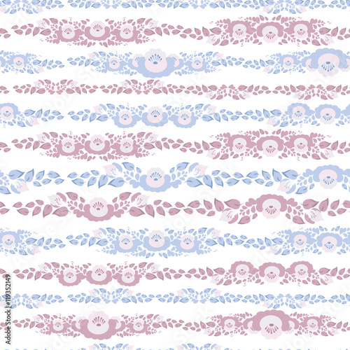 Vintage shabby Chic Seamless pattern with flowers and leaves blue pink flowers on white background. Vector