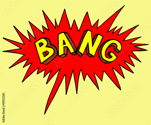 Comics style stamp of bang. Sticker emotion of explode. Colorful bright illustration.