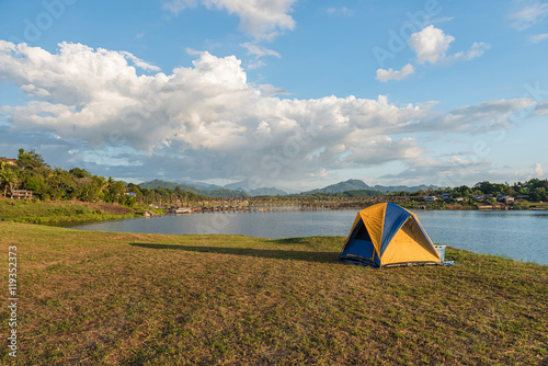 Camping and tent near river at Sangkhla buri in Thailand.