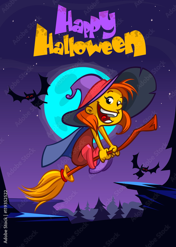 Plakat Cute witch flying on her broom. Vector Halloween party invitation