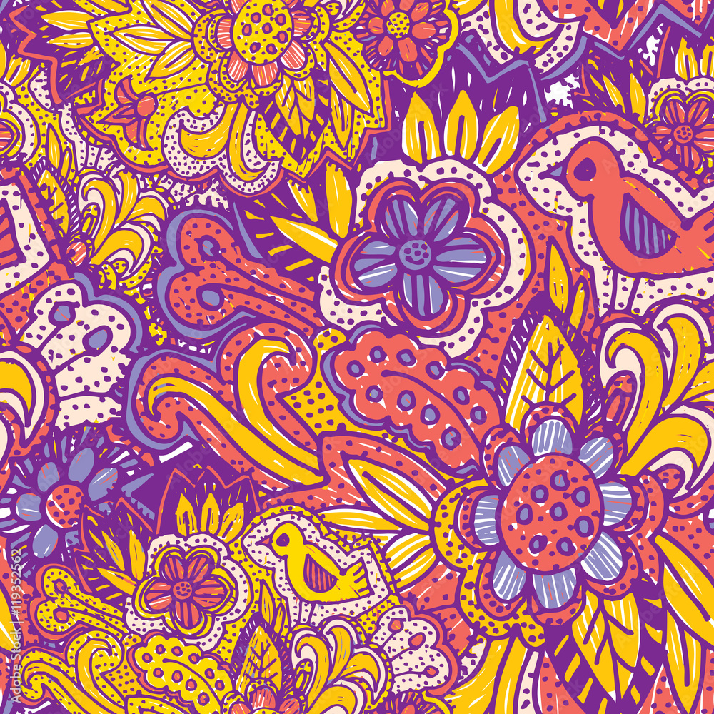 Doodle seamless pattern with flowers and birds. purple yellow pink bright ornament. Vector