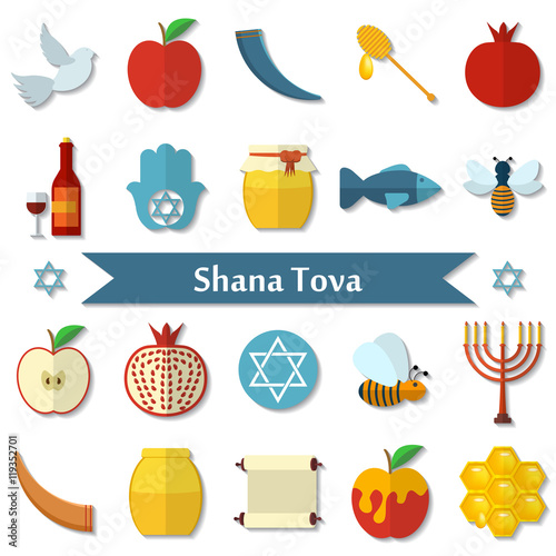 Rosh Hashanah, Shana Tova flat vector icons set