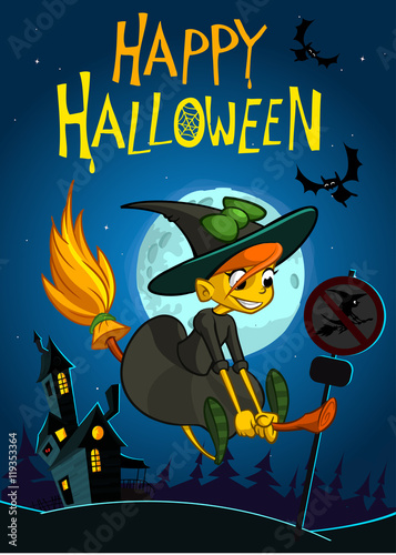 Halloween background with cute witch flying on her broom on a full moon night. Vector illustration