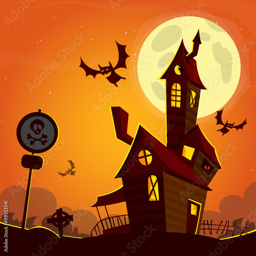 Haunted house on night background with a full moon behind. Vector Halloween background.