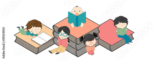 Stairs of books with many children reading web banner