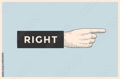 Vintage drawing of hand sign with pointing finger in engraving retro style and text Right. Old drawn pointing finger for sign, information sign and navigation. Vector Illustration