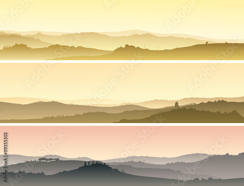Horizontal banners of landscape of valley with manors at sunset.