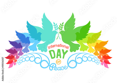 Colorful abstract silhouettes of doves with olive brunch. Illustration of international peace day, September 21. Element design for poster, greeting card. Isolated on white background.