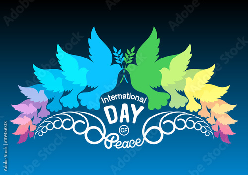 Colorful abstract silhouettes of doves with olive branch. Illustration of international peace day, September 21. Element design for poster, greeting card.