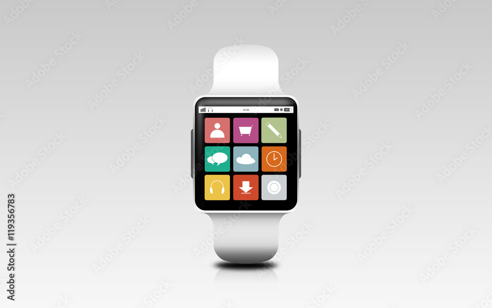 illustration of smart watch with menu icons on screen