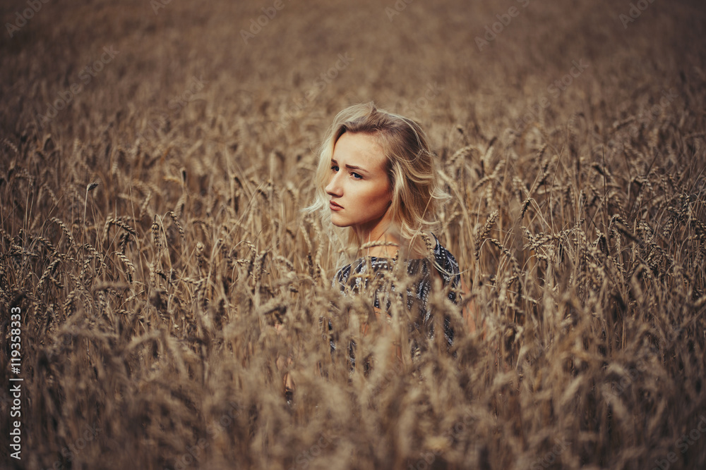 young beautiful girl in autumn field young beautiful girl in autumn field
