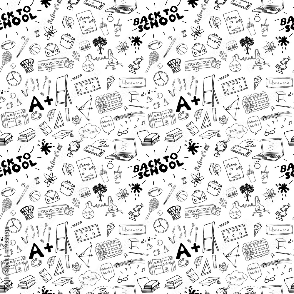 School seamless pattern HandDrawn Doodles, Vector Illustration