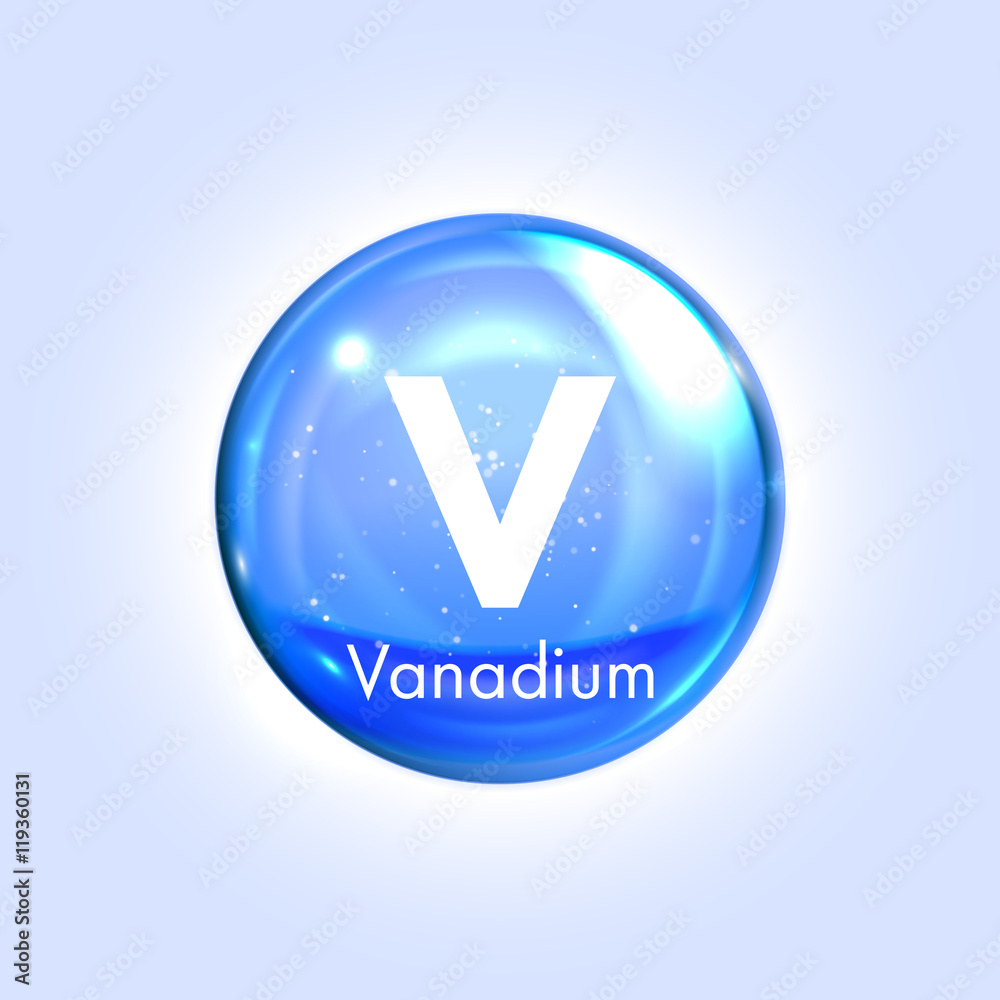 Vanadium mineral blue icon. Vector 3D drop pill capsule Vanadium mineral blue icon. Vector 3D drop pill capsule