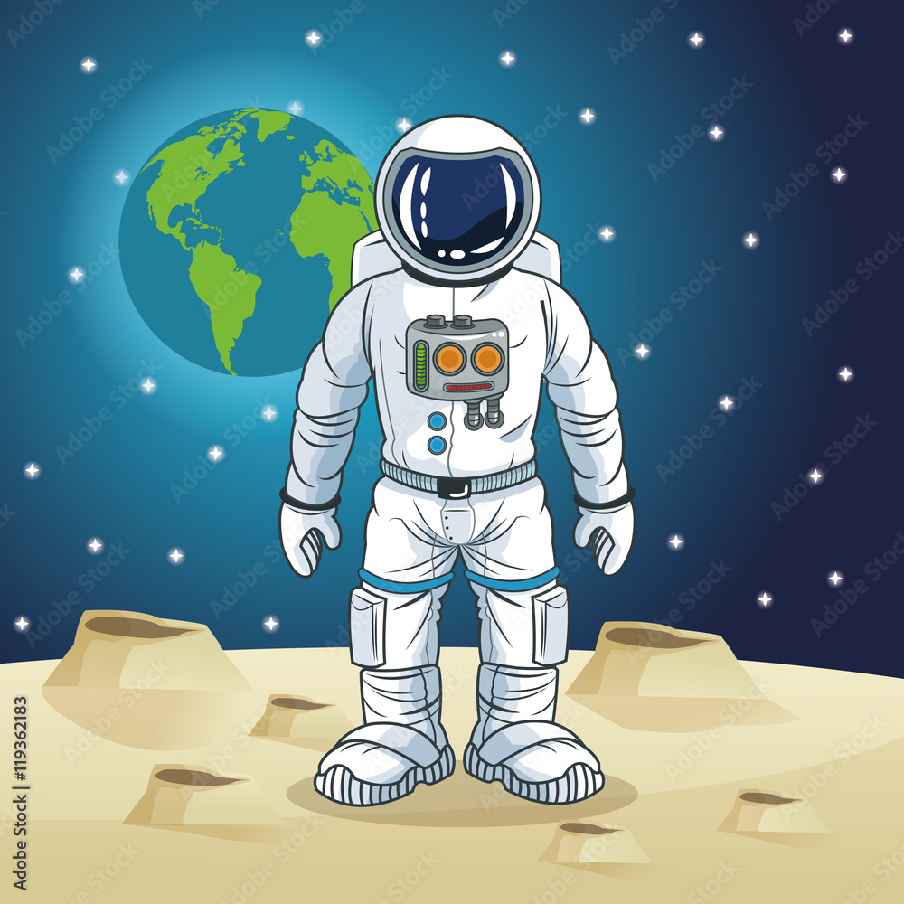 Astronaut Planet Earth Moon Stars Spaceman Cosmonaut Space Cartoon Icon Colorful Design Vector