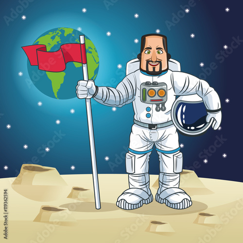 Astronaut man planet earth moon stars spaceman cosmonaut space cartoon icon. Colorful design. Vector illustration