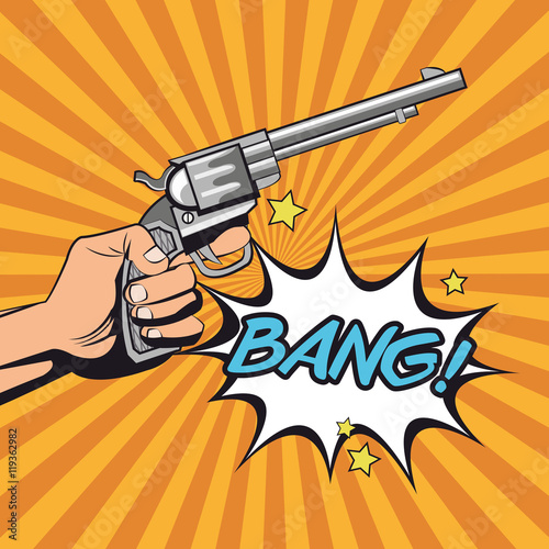 gun revolver bang bubble cowboy pop art comic cartoon icon. Colorful design striped background. Vector illustration