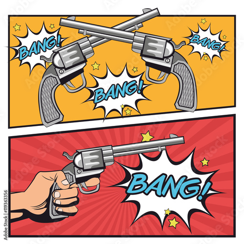 gun revolver bang bubble cowboy pop art cartoon icon. Colorful design comic background. Vector illustration