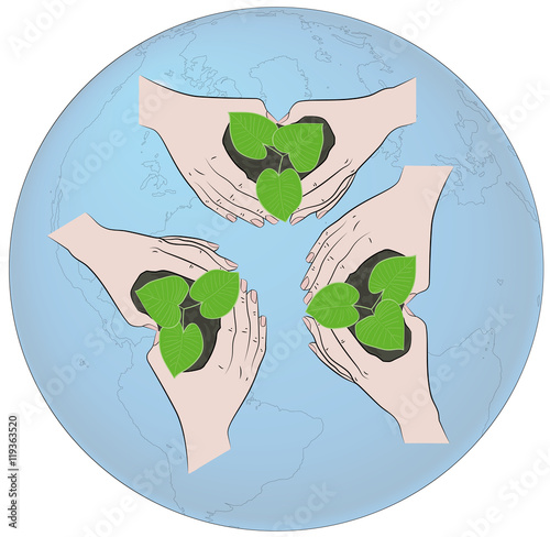 young plant cover their hands against the backdrop of the planet earth. vector illustration