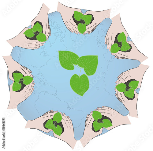 hands covering plant on the background of the globe. concept for Plant Conservation. vector illustration