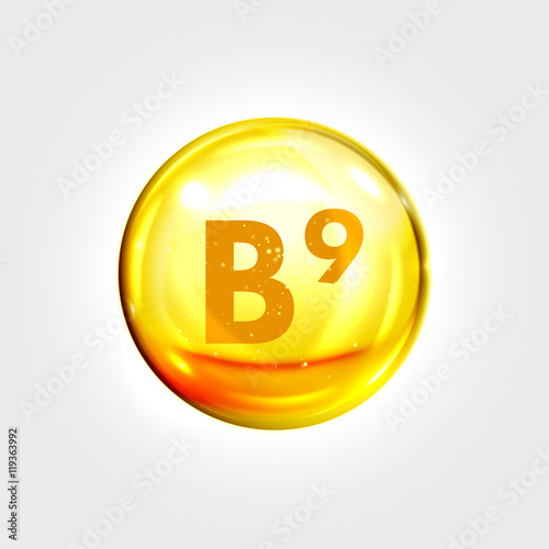 Vitamin B9 gold icon. Folic acid pill capsule