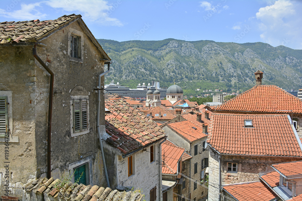Historic buildings in Kotor old town, Montenegro.
